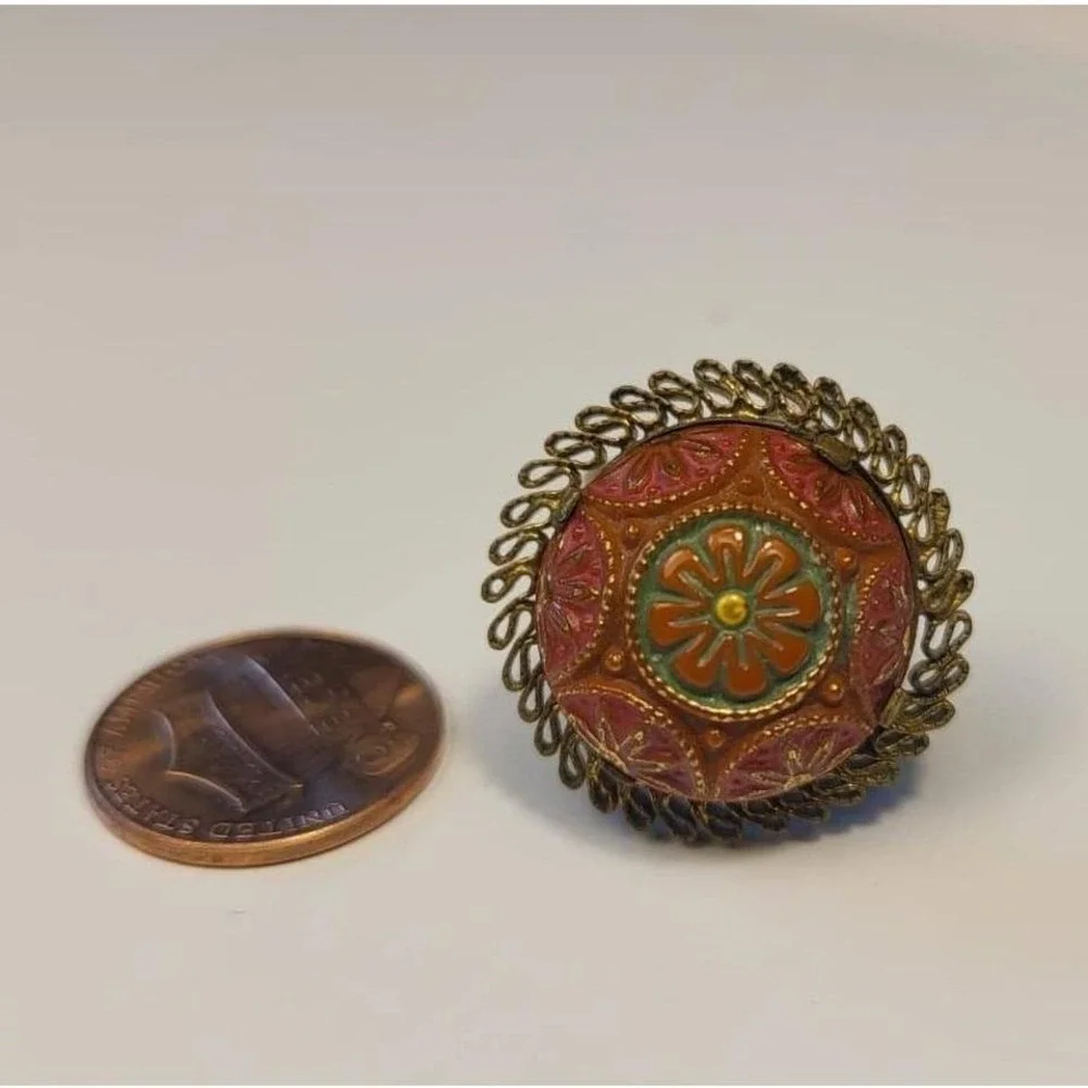 Antique VTG Adjustable Brass Ring Orange Enamel Floral Design Ornate Filigree